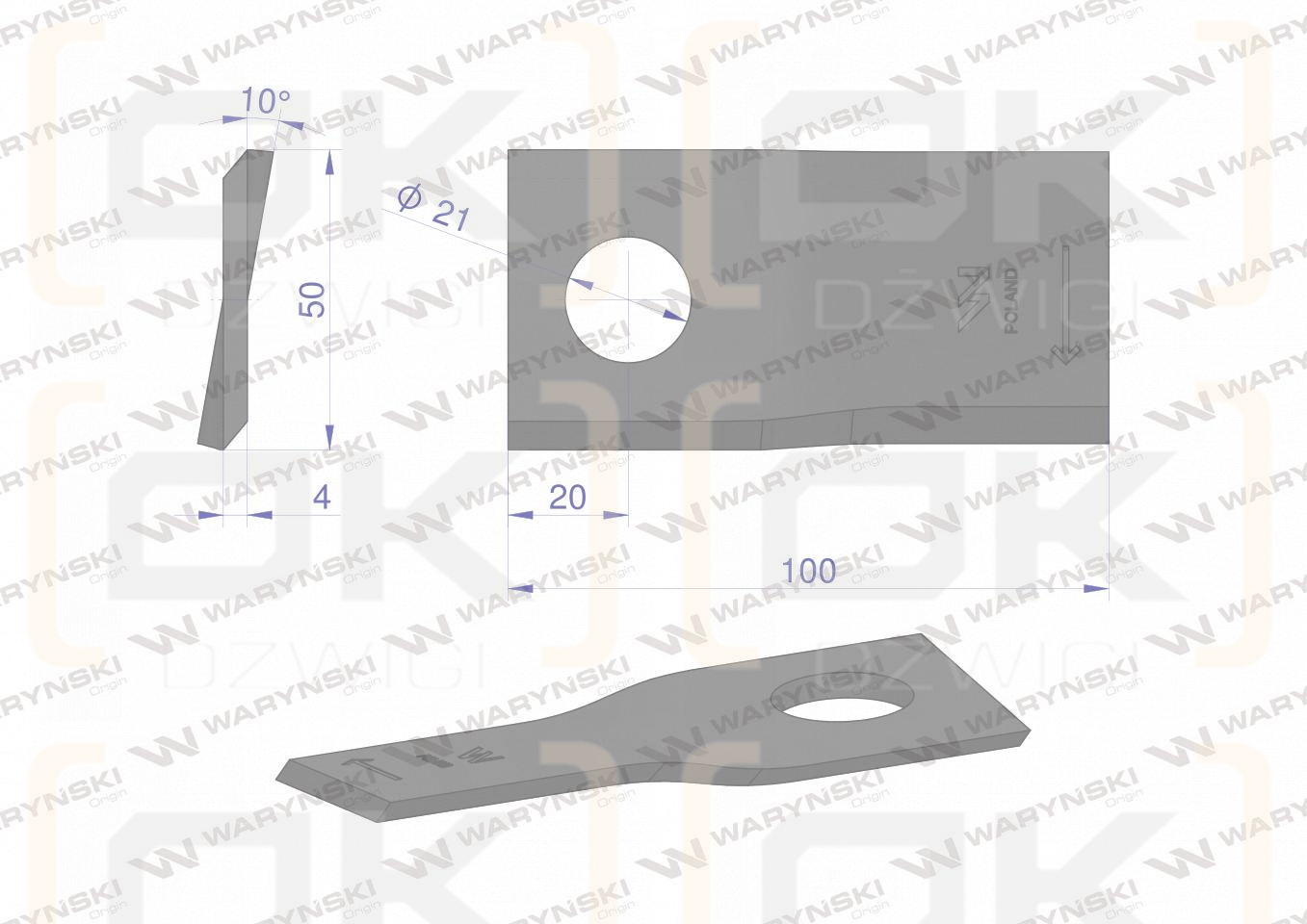 Nóż. nożyk kosiarka prawy 100X50X4mm otwór 21 zastosowanie RS100 Samasz WARYŃSKI ( sprzedawane po 25 )