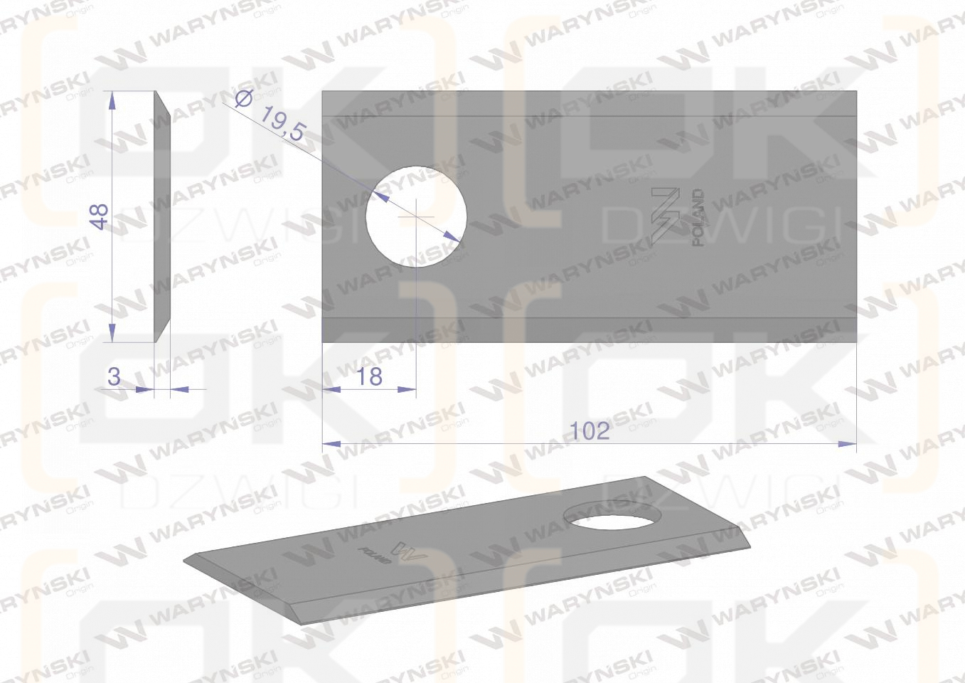 Nóż, nożyk kosiarka rotacyjna 102x48x3mm zastosowanie Samasz WARYŃSKI ( sprzedawane po 25 ) 