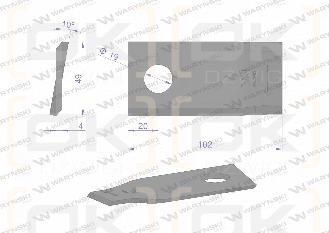 Nóż. nożyk kosiarka prawy 102x48x4mm otwór 19 zastosowanie 570446 Niemeyer WARYŃSKI ( sprzedawane po 25 )
