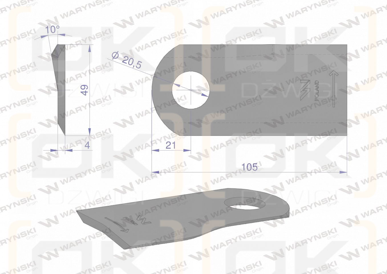 Nóż. nożyk kosiarka lewy 105x47x4mm otwór 20.5 zastosowanie 6802970 Kuhn WARYŃSKI ( sprzedawane po 25 )