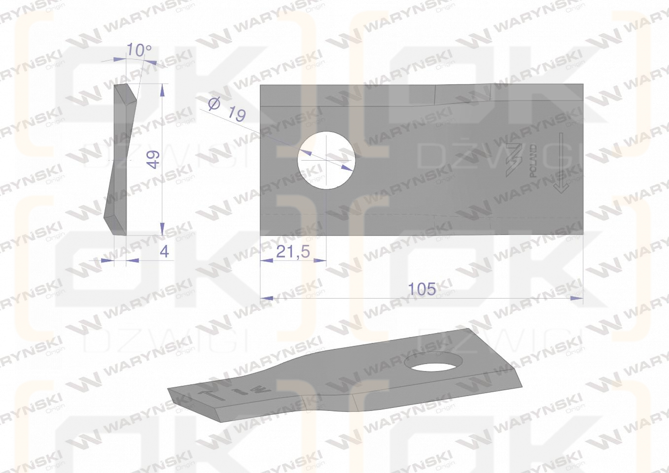 Nóż. nożyk kosiarka prawy 105x48x4mm otwór 19 zastosowanie 9492422 Claas WARYŃSKI ( sprzedawane po 25 )