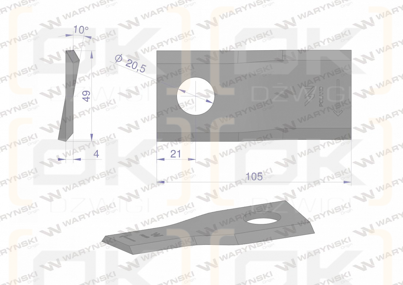 Nóż. nożyk kosiarka prawy 105x48x4mm otwór 20 zastosowanie 6801420 Kuhn WARYŃSKI ( sprzedawane po 25 )