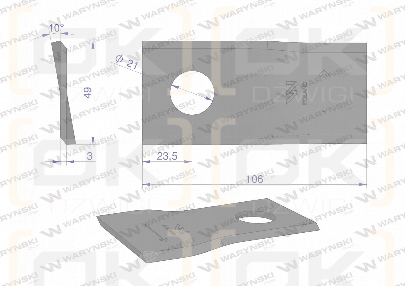 Nóż. nożyk kosiarka lewy 106x48x3mm otwór 21 zastosowanie 1042660 Claas WARYŃSKI ( sprzedawane po 25 )