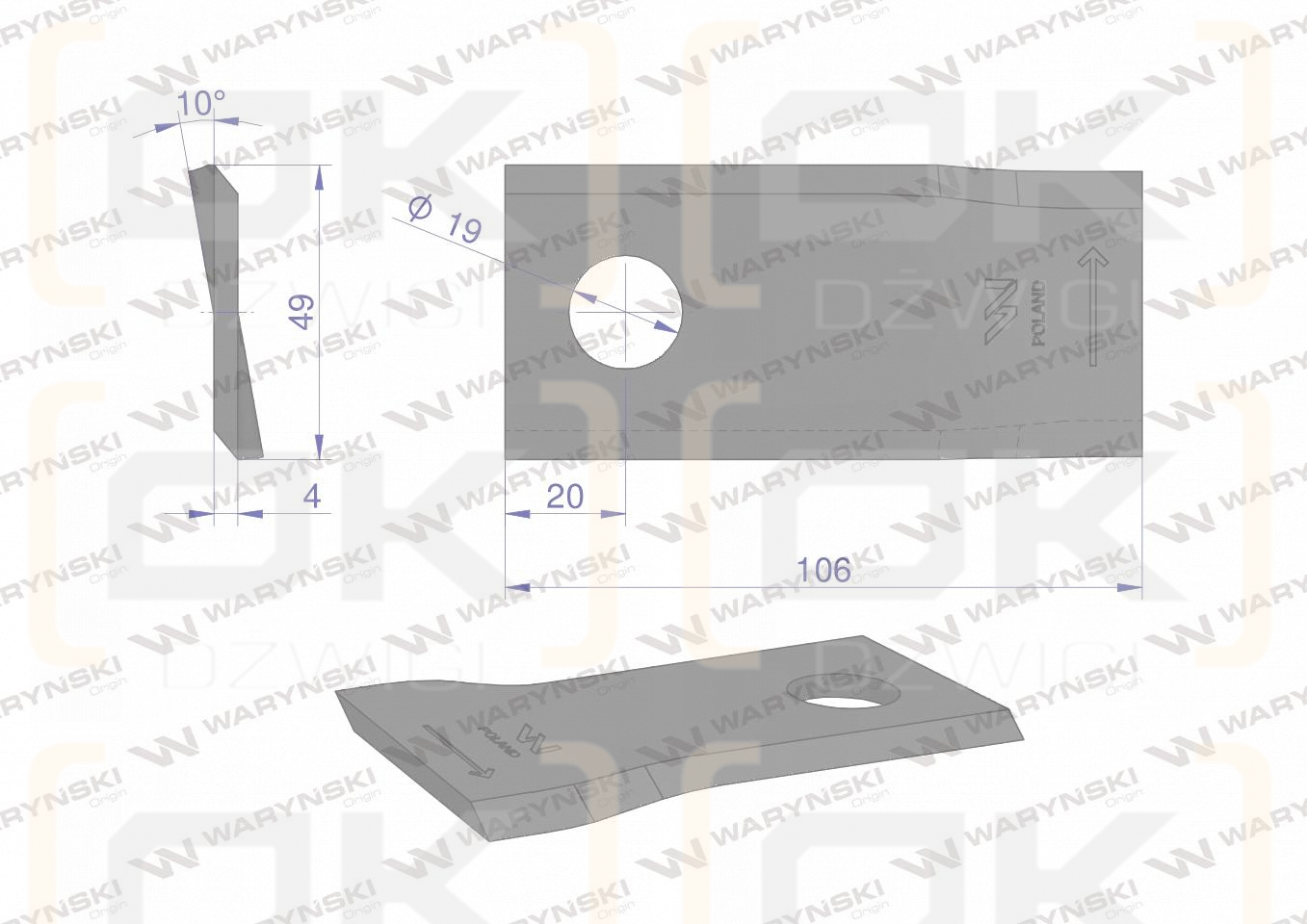 Nóż. nożyk kosiarka lewy 106x48x4mm otwór 19 zastosowanie 570445 Niemeyer WARYŃSKI ( sprzedawane po 25 )
