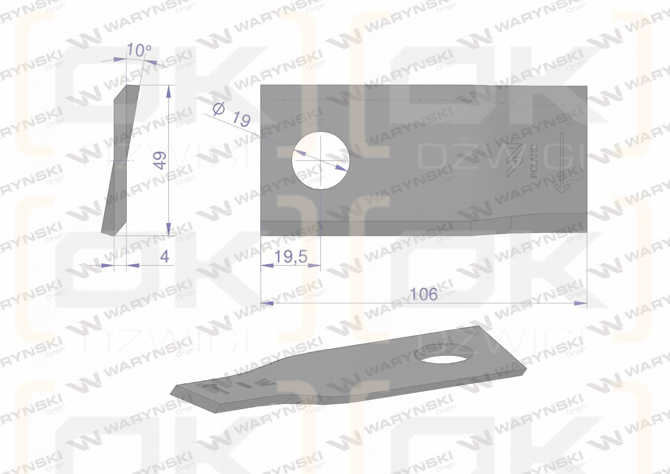 Nóż. nożyk kosiarka prawy 106x48x4mm otwór 19 zastosowanie 153967103 SIP WARYŃSKI ( sprzedawane po 25 )