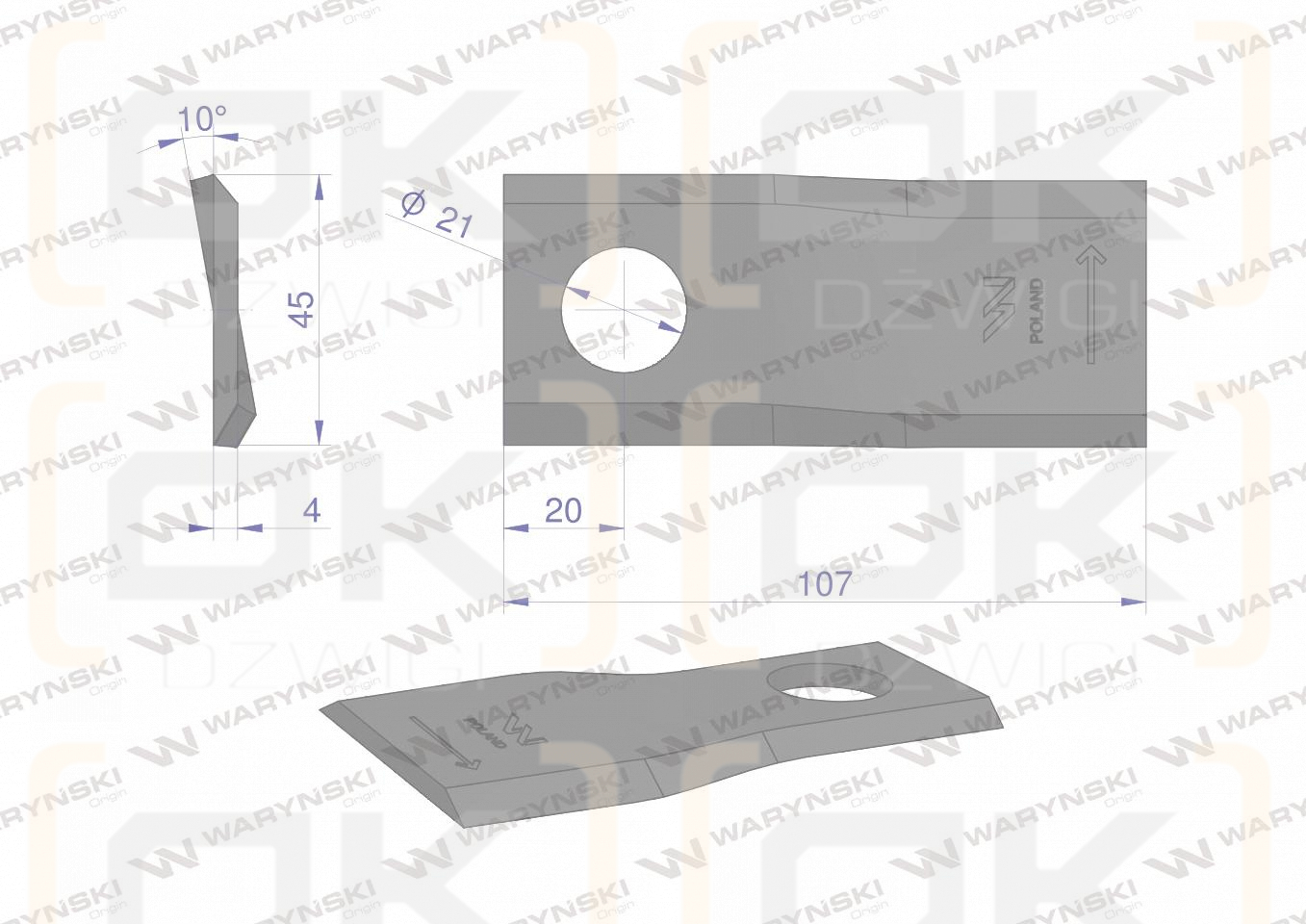 Nóż. nożyk kosiarka lewy 107x46x4mm otwór 21 WARYŃSKI ( sprzedawane po 25 )