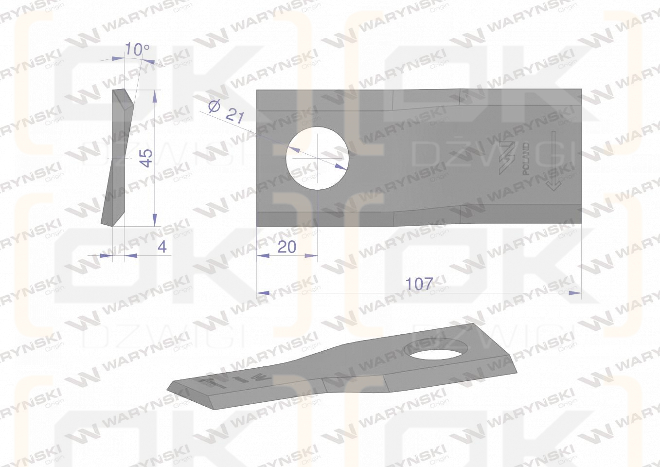 Nóż. nożyk kosiarka prawy 107x46x4mm otwór 21 WARYŃSKI ( sprzedawane po 25 )