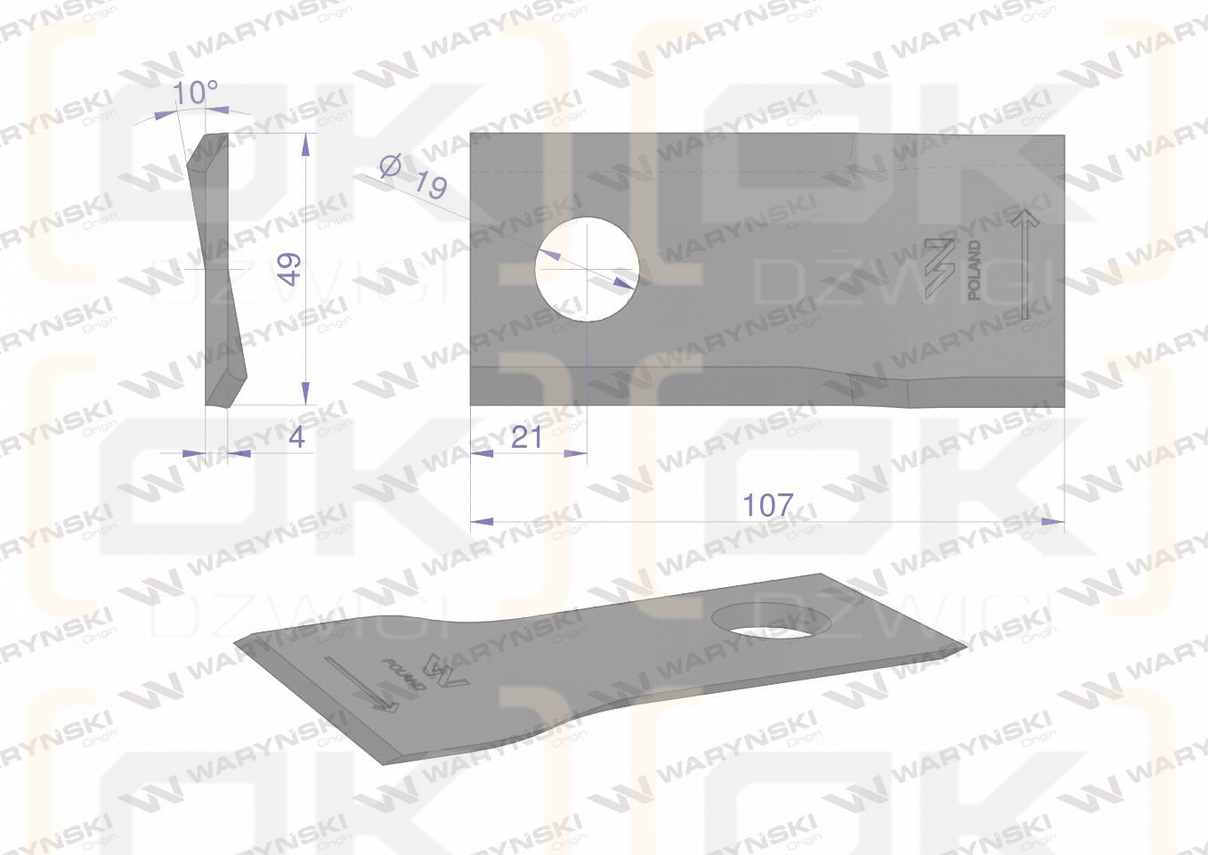 Nóż. nożyk kosiarka lewy 107x50x4mm otwór 19 zastosowanie 570683 Niemeyerl WARYŃSKI ( sprzedawane po 25 )