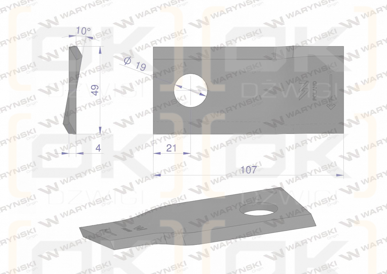 Nóż. nożyk kosiarka prawy 107x50x4mm otwór 19 zastosowanie 570684 Niemeyerl WARYŃSKI ( sprzedawane po 25 )