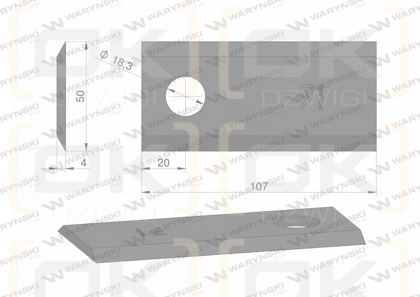 Nóż, nożyk kosiarka 107X50X4mm otwór 18.25 zastosowanie XD 570 PZ Vicon Kverneland WARYŃSKI ( sprzedawane po 25 )