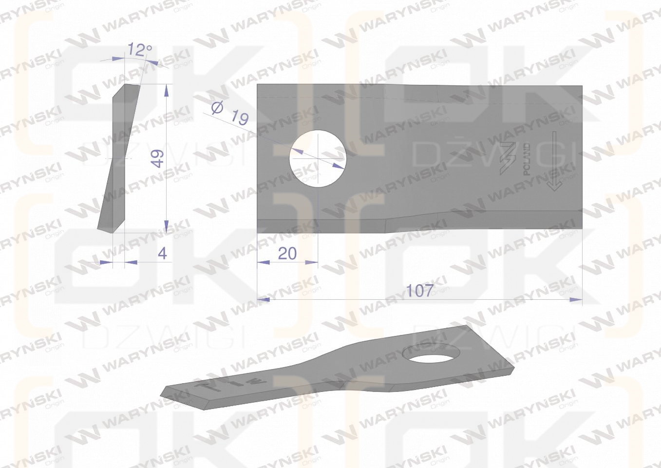 Nóż. nożyk kosiarka prawy 107x50x4mm otwór 19 zastosowanie 13800032 JF-Stoll WARYŃSKI ( sprzedawane po 25 )