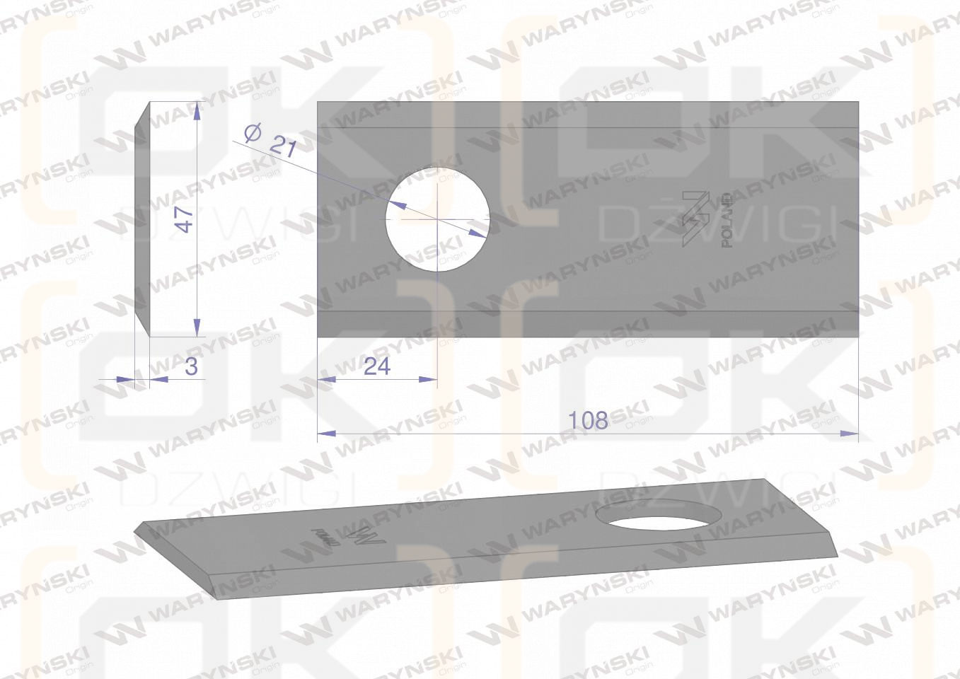 Nóż, nożyk kosiarka 108X46X3mm otwór 21 zastosowanie 108D Galfre WARYŃSKI ( sprzedawane po 25 )