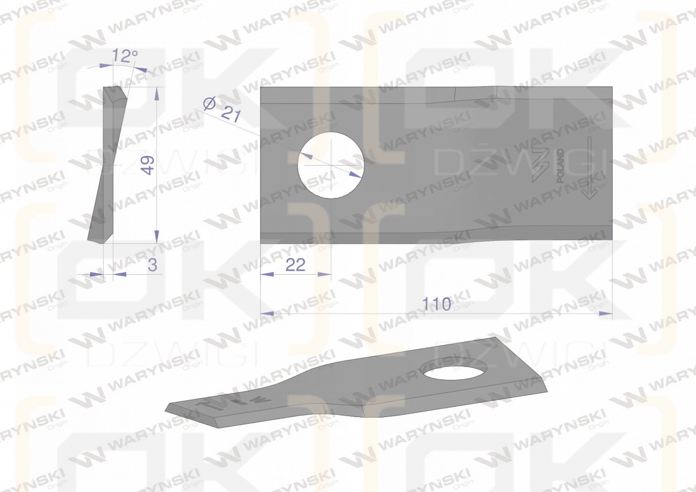 Nóż. nożyk kosiarka prawy 110x48x3mm otwór 21 zastosowanie 1058730 Claas WARYŃSKI ( sprzedawane po 25 )