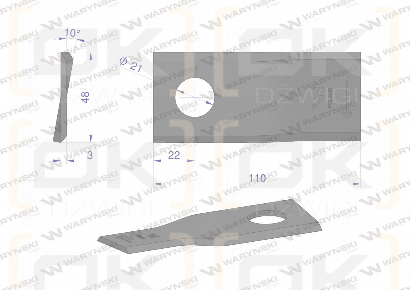 Nóż. nożyk kosiarka prawy 110x48x3mm otwór 21 zastosowanie 108P Galfre WARYŃSKI ( sprzedawane po 25 )