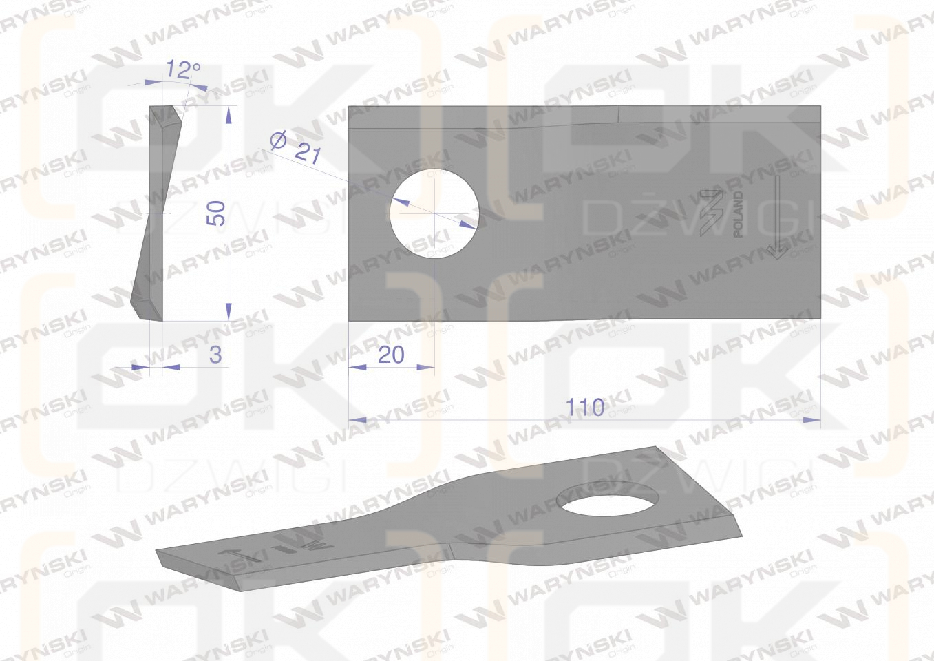 Nóż. nożyk kosiarka prawy 110x50x3mm otwór 21 zastosowanie 4047015 Galfre WARYŃSKI ( sprzedawane po 25 )