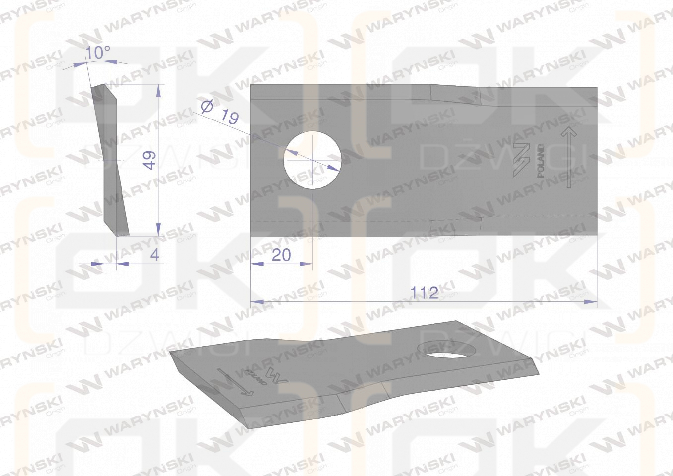 Nóż. nożyk kosiarka lewy 112x48x4mm otwór 19 zastosowanie 123706 134309 Fella WARYŃSKI ( sprzedawane po 25 )