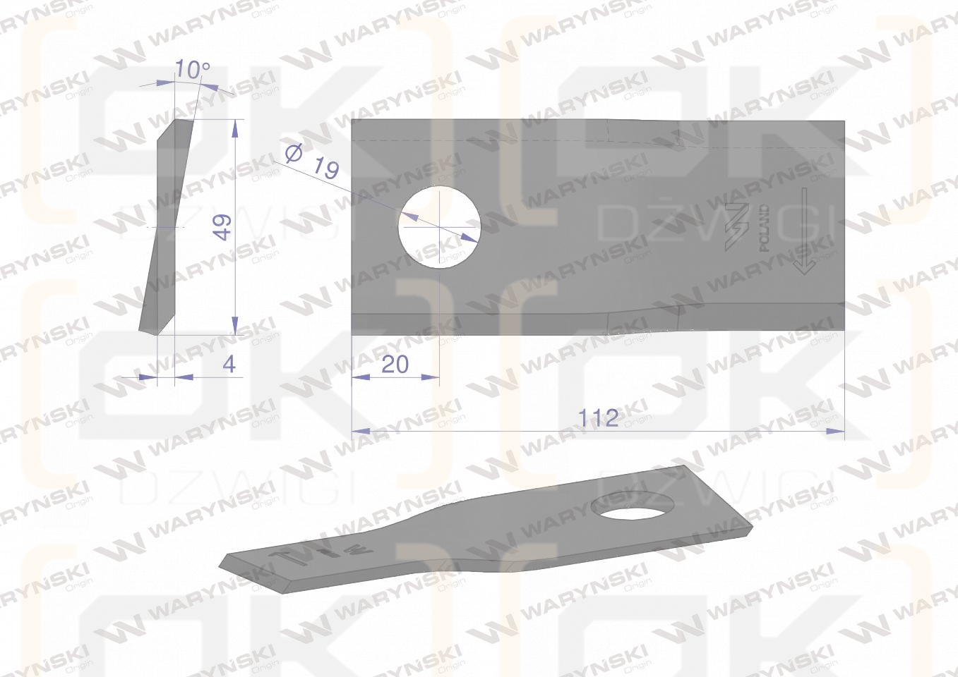 Nóż. nożyk kosiarka prawy 112x48x4mm otwór 19 zastosowanie 123707 134308 Fella WARYŃSKI ( sprzedawane po 25 )