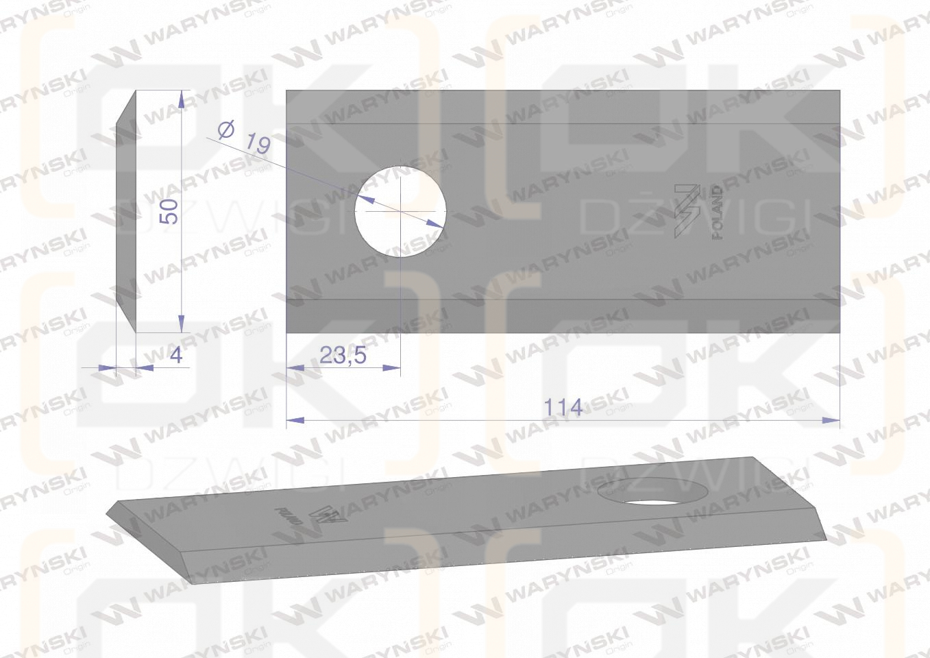 Nóż, nożyk kosiarka 114X48X4mm otwór 19 zastosowanie 1380-0027 JF-Stoll WARYŃSKI ( sprzedawane po 25 )