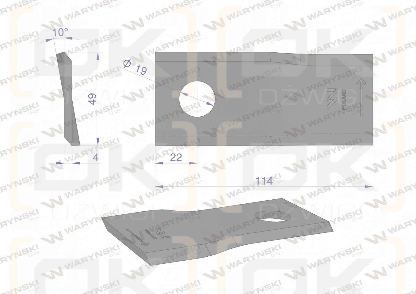 Nóż. nożyk kosiarka lewy 114x48x4mm otwór 19 zastosowanie 13800014 JF-Stoll WARYŃSKI ( sprzedawane po 25 )