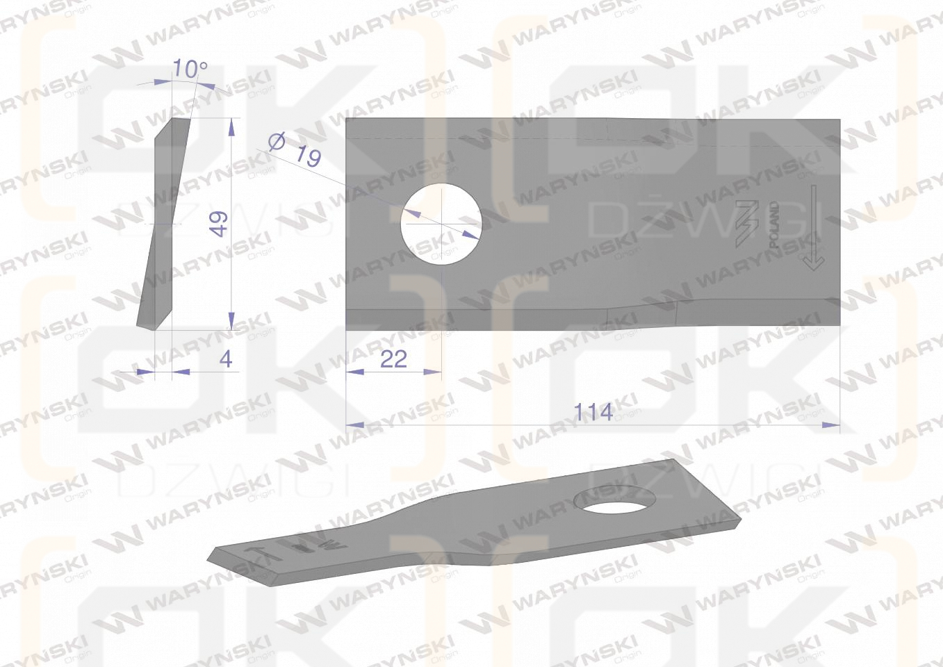 Nóż. nożyk kosiarka prawy 114x48x4mm otwór 19 zastosowanie 13800015 JF-Stoll WARYŃSKI ( sprzedawane po 25 )