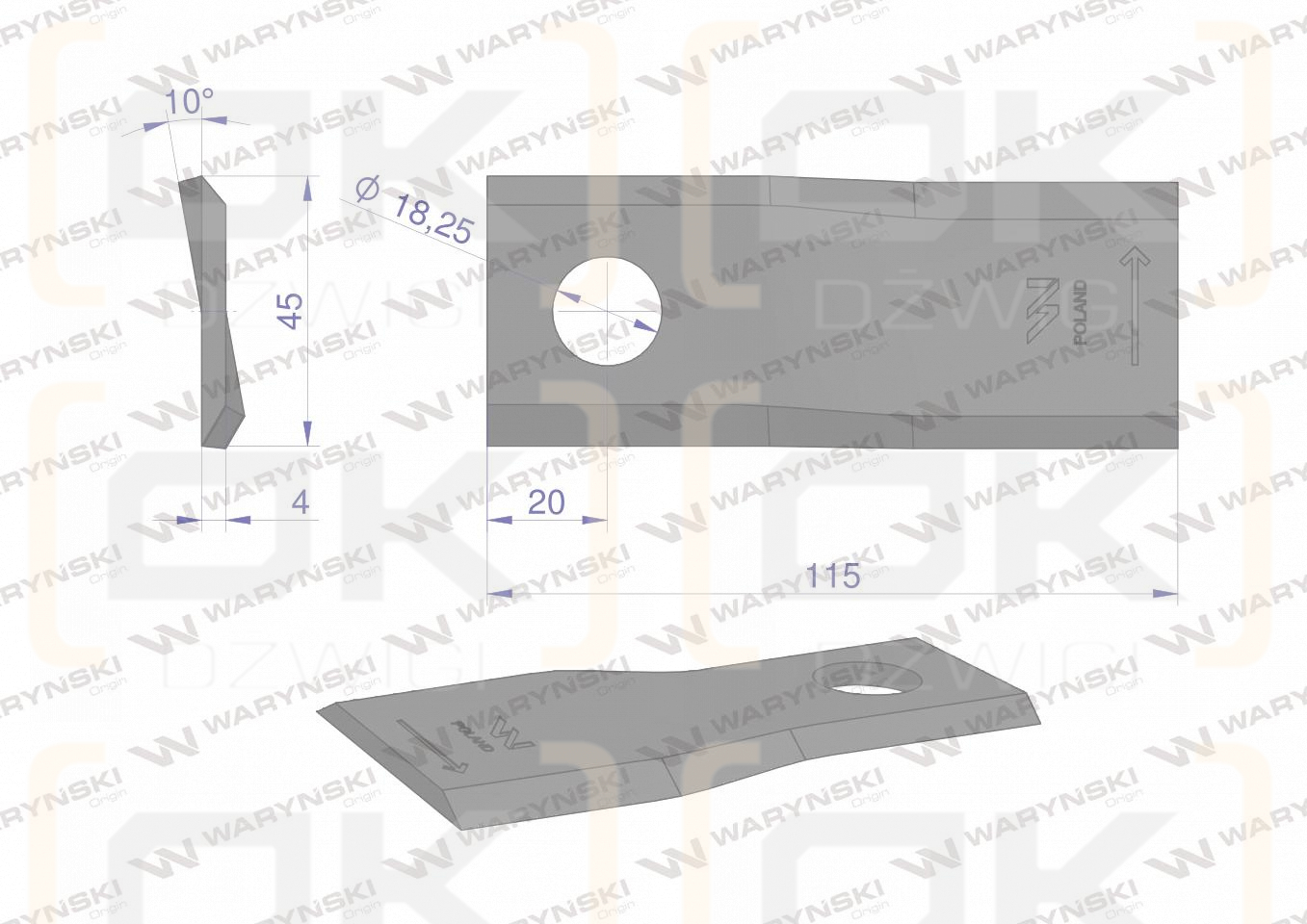 Nóż. nożyk kosiarka lewy 115x45x4mm otwór 18.25 zastosowanie 55906000 CC23499 Kuhn WARYŃSKI ( sprzedawane po 25 )