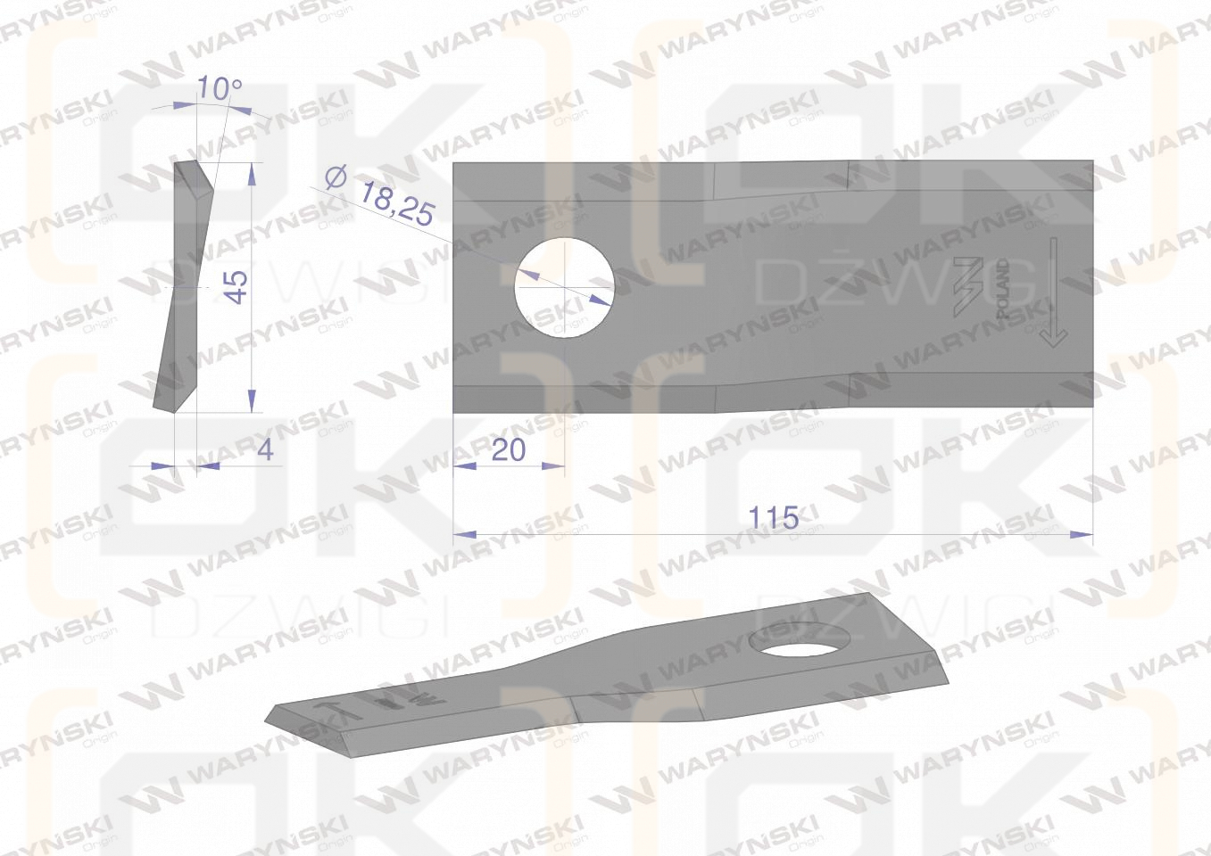 Nóż. nożyk kosiarka prawy 115x45x4mm otwór 18.25 zastosowanie 55906100 CC23500 Kuhn WARYŃSKI ( sprzedawane po 25 )