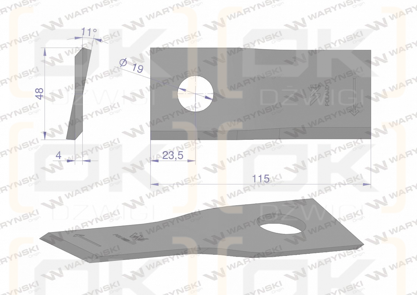 Nóż, nożyk kosiarka 115X47X4X19 prawy zastosowanie 9520420 Claas WARYŃSKI ( sprzedawane po 25 )