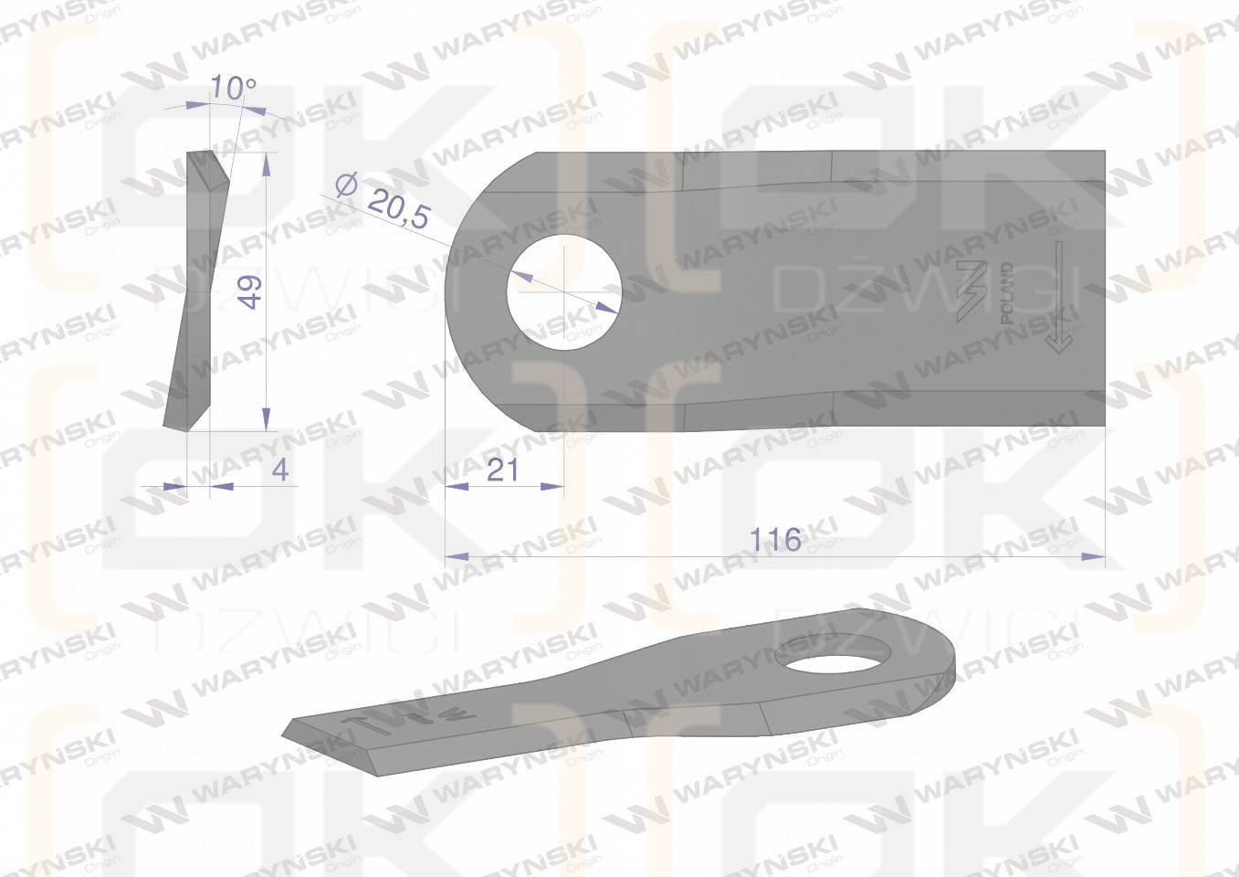 Nóż. nożyk kosiarka prawy 116x48x4mm otwór 20.5 zastosowanie 6804720 Kuhn WARYŃSKI ( sprzedawane po 25 )