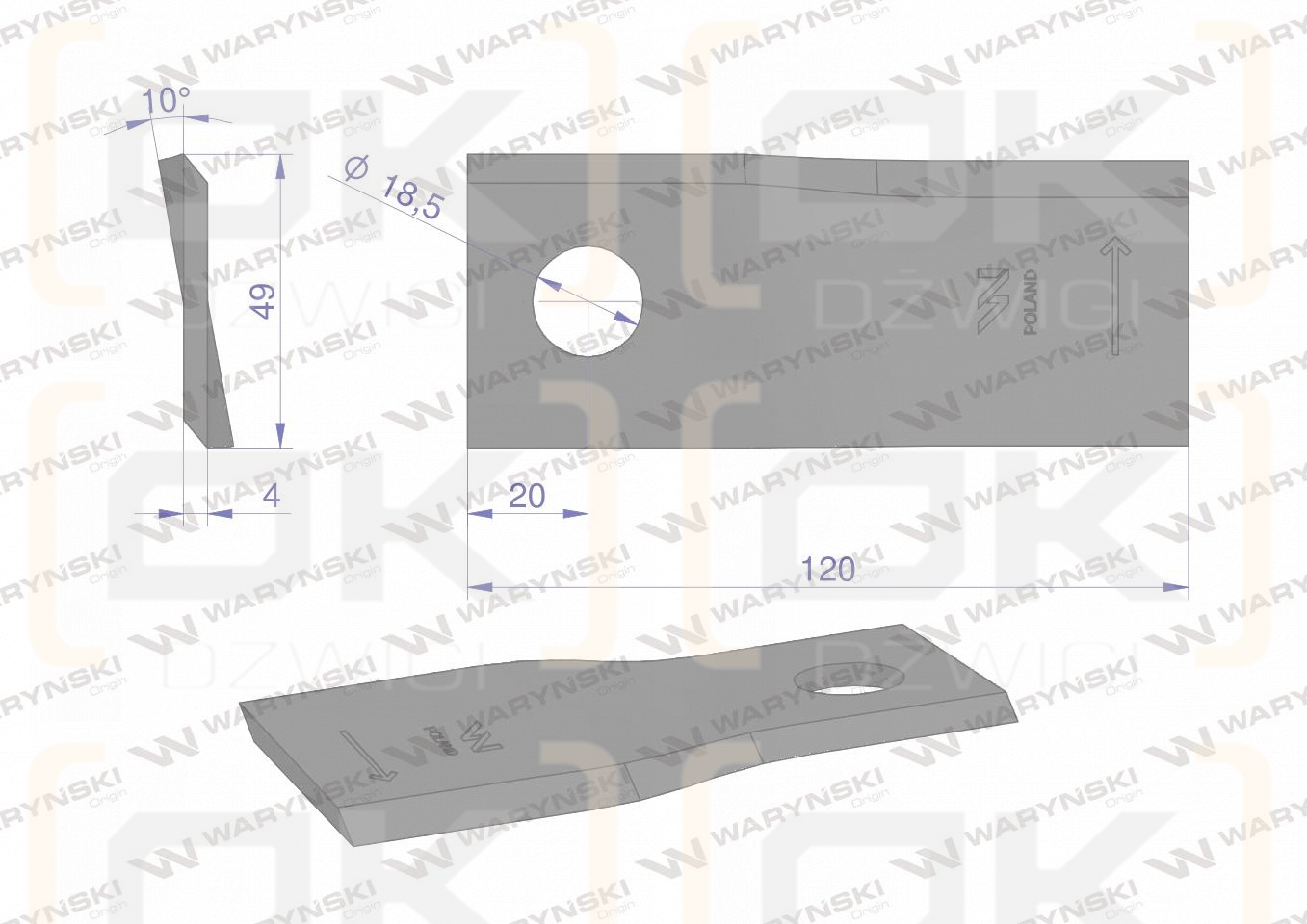 Nóż, nożyk kosiarka 120X48X4X18,5 lewy zastosowanie 111724 Fella WARYŃSKI ( sprzedawane po 25 )