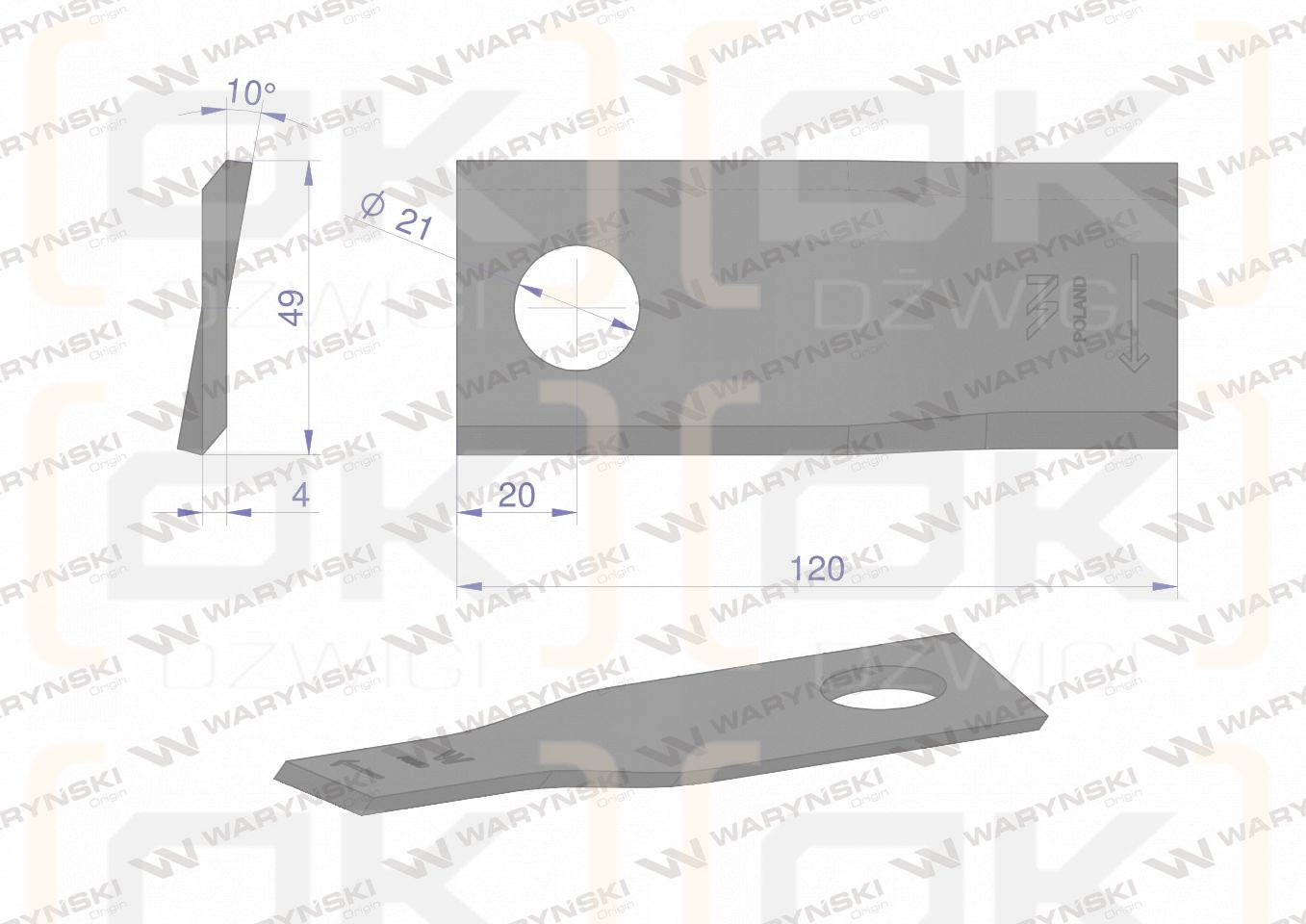 Nóż. nożyk kosiarka prawy 120x49x4mm otwór 21 zastosowanie 434976 Pottinger WARYŃSKI ( sprzedawane po 25 )