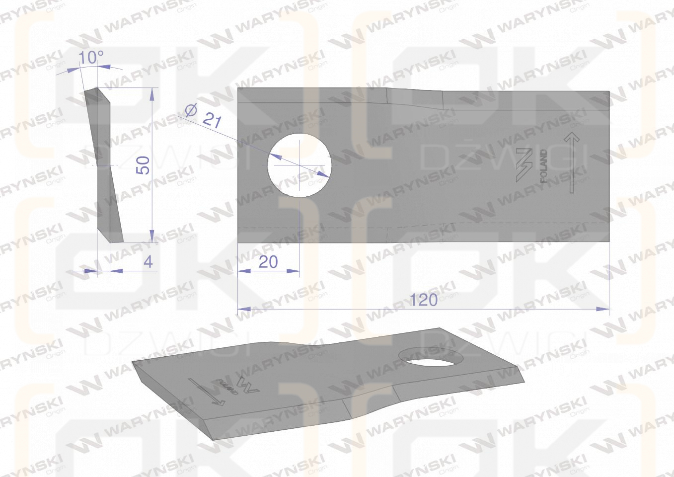 Nóż. nożyk kosiarka lewy 120X50X4mm otwór 21 zastosowanie RF 120/4 Pronar WARYŃSKI ( sprzedawane po 25 )