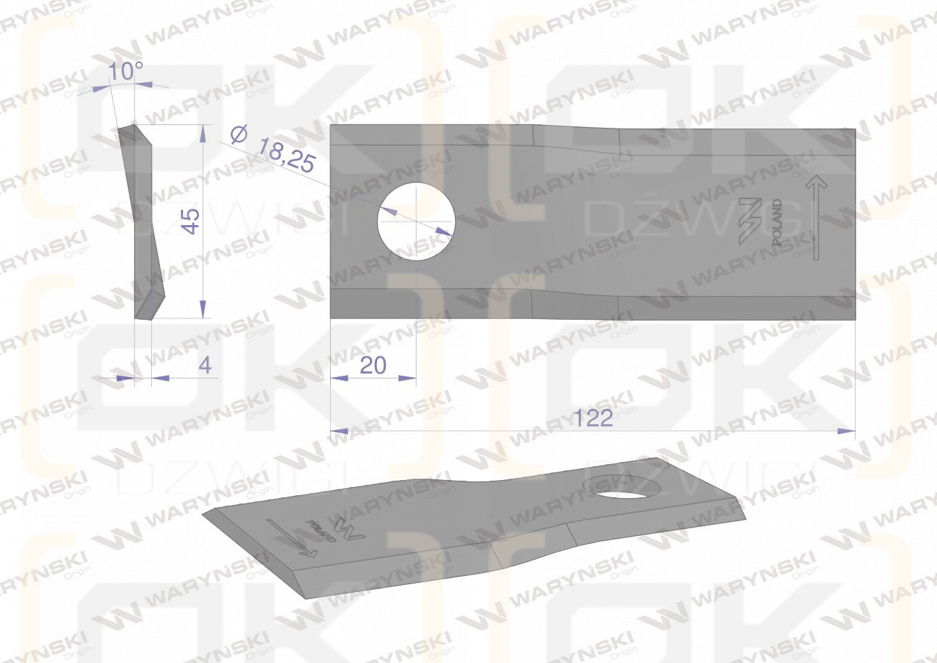 Nóż. nożyk kosiarka lewy 122x46x4mm otwór 18.25 zastosowanie 56451200 Kuhn WARYŃSKI ( sprzedawane po 25 )