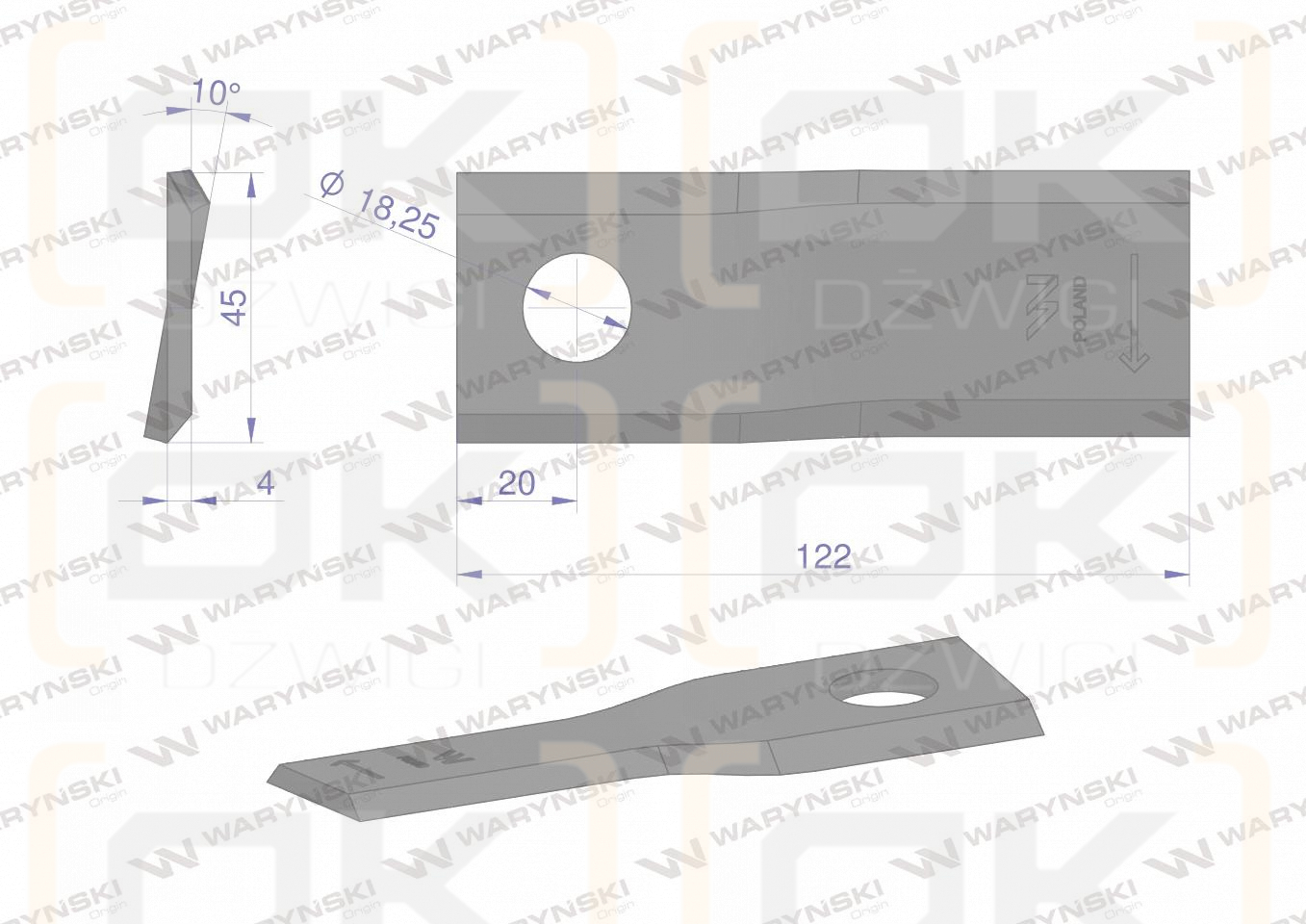 Nóż. nożyk kosiarka prawy 122x46x4mm otwór 18.25 zastosowanie 56451300 Kuhn WARYŃSKI ( sprzedawane po 25 )