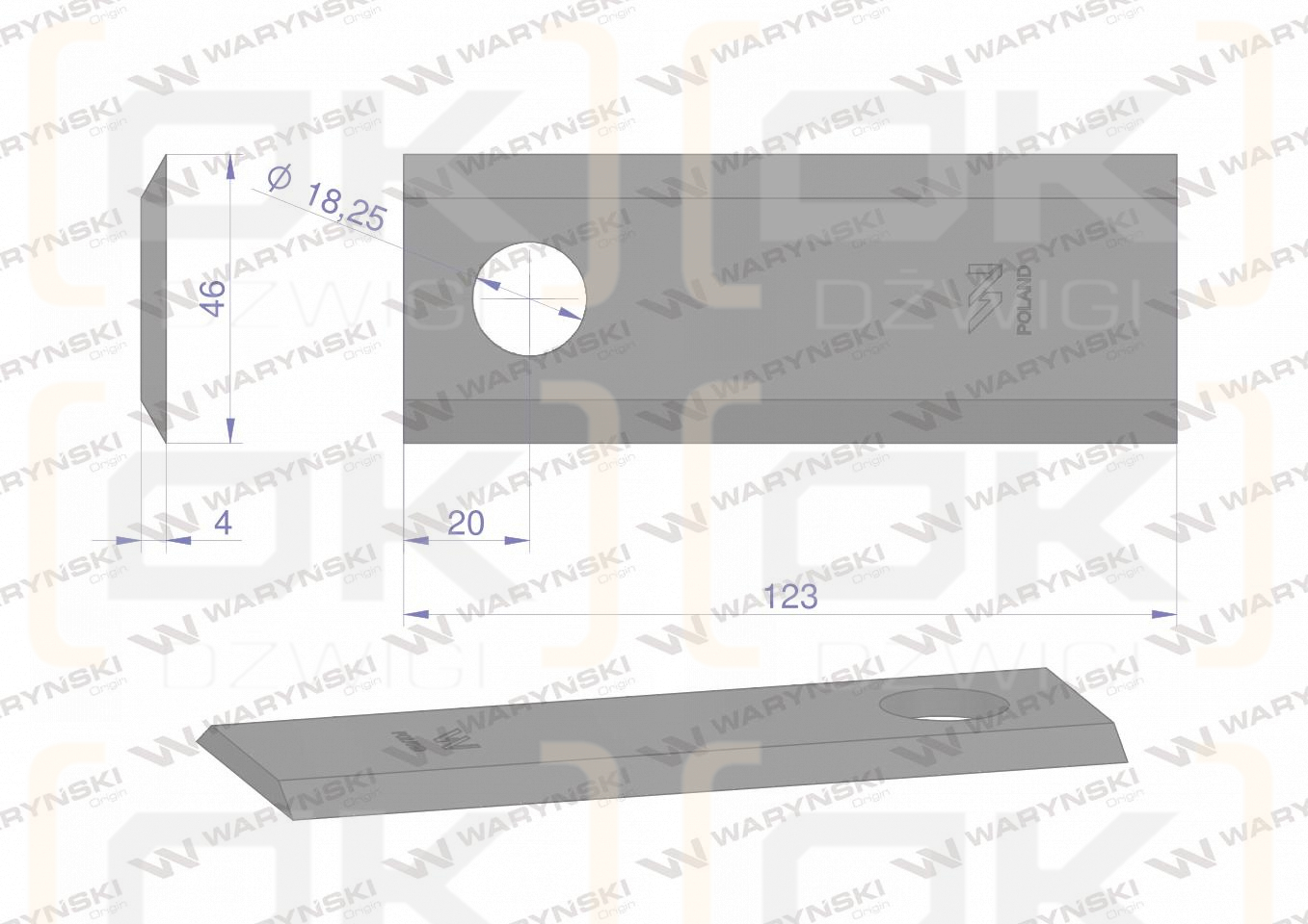 Nóż, nożyk kosiarka 123X46X4mm otwór 18.25 zastosowanie 56451210 Kuhn WARYŃSKI ( sprzedawane po 25 )