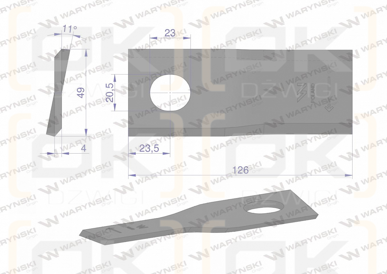 Nóż. nożyk kosiarka prawy 126x48x4mm otwór 20.5x23 zastosowanie 56110400 Kverneland Taarup WARYŃSKI ( sprzedawane po 25 )