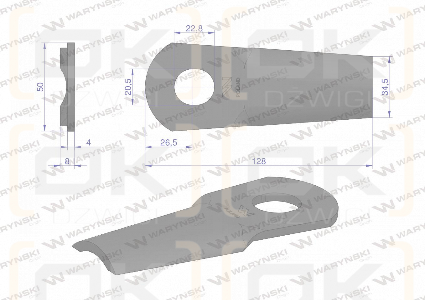 Nóż. nożyk kosiarka gięty 128X50X4mm otwór 20.5x22.8 zastosowanie 561103000 Kvereland Taarup WARYŃSKI ( sprzedawane po 25 )