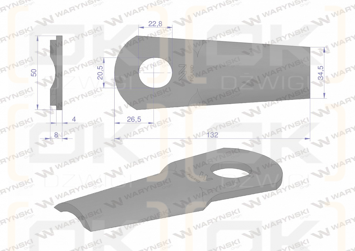 Nóż. nożyk kosiarka gięty 132X50X4mm otwór 20.5x23 zastosowanie 13800013 JF-Stoll WARYŃSKI ( sprzedawane po 25 )