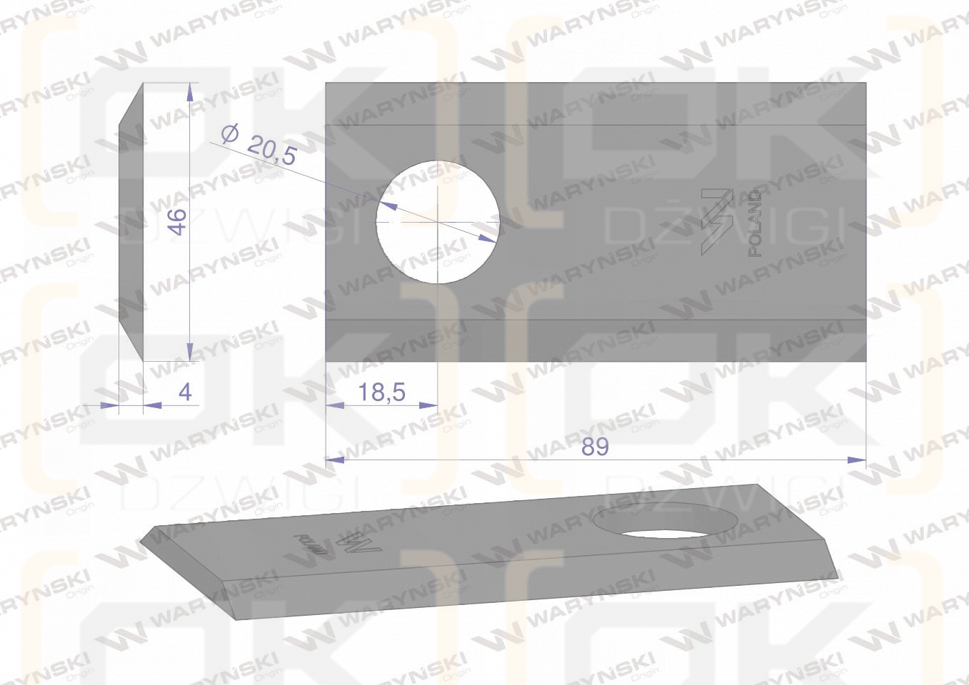 Nóż. nożyk kosiarka 89X46X4mm otwór 20.5 zastosowanie 2220-101A JF-Stoll WARYŃSKI ( sprzedawane po 25 )