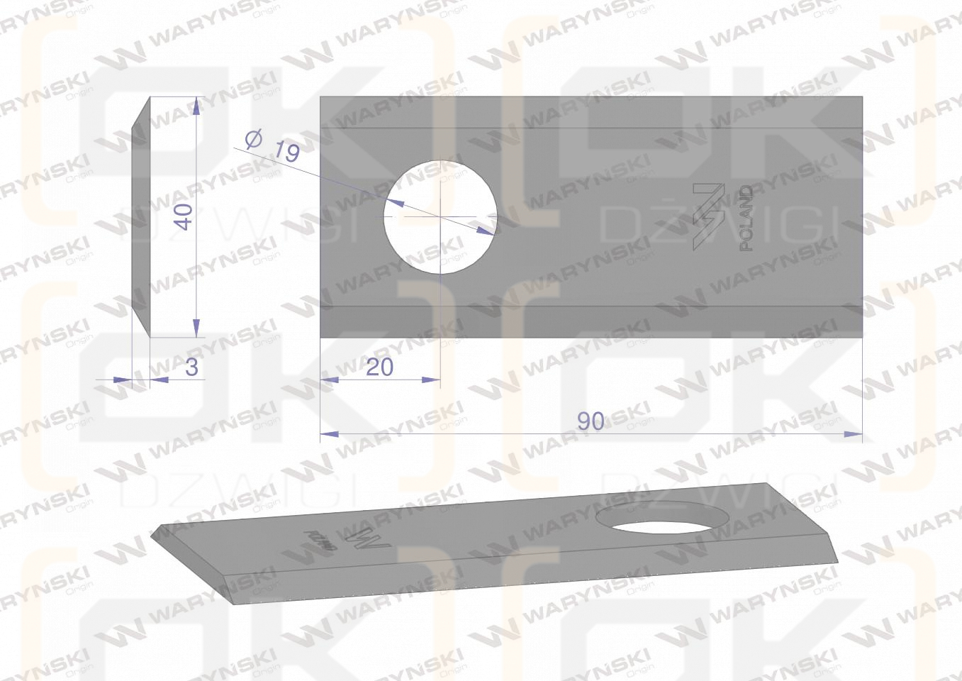 Nóż. nożyk kosiarka 90X40X3mm otwór 19 zastosowanie 06561543 MT 52 Deutz-Fahr WARYŃSKI ( sprzedawane po 25 )