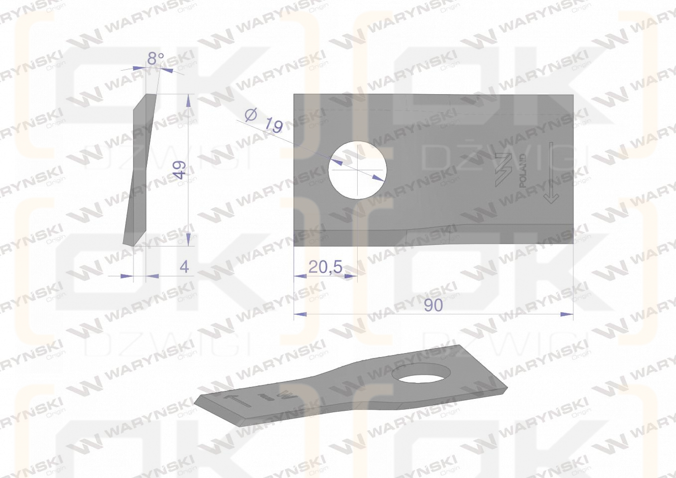 Nóż. nożyk kosiarka prawy 90x48x4mm otwór 19 zastosowanie 1448261 Krone WARYŃSKI ( sprzedawane po 25 )