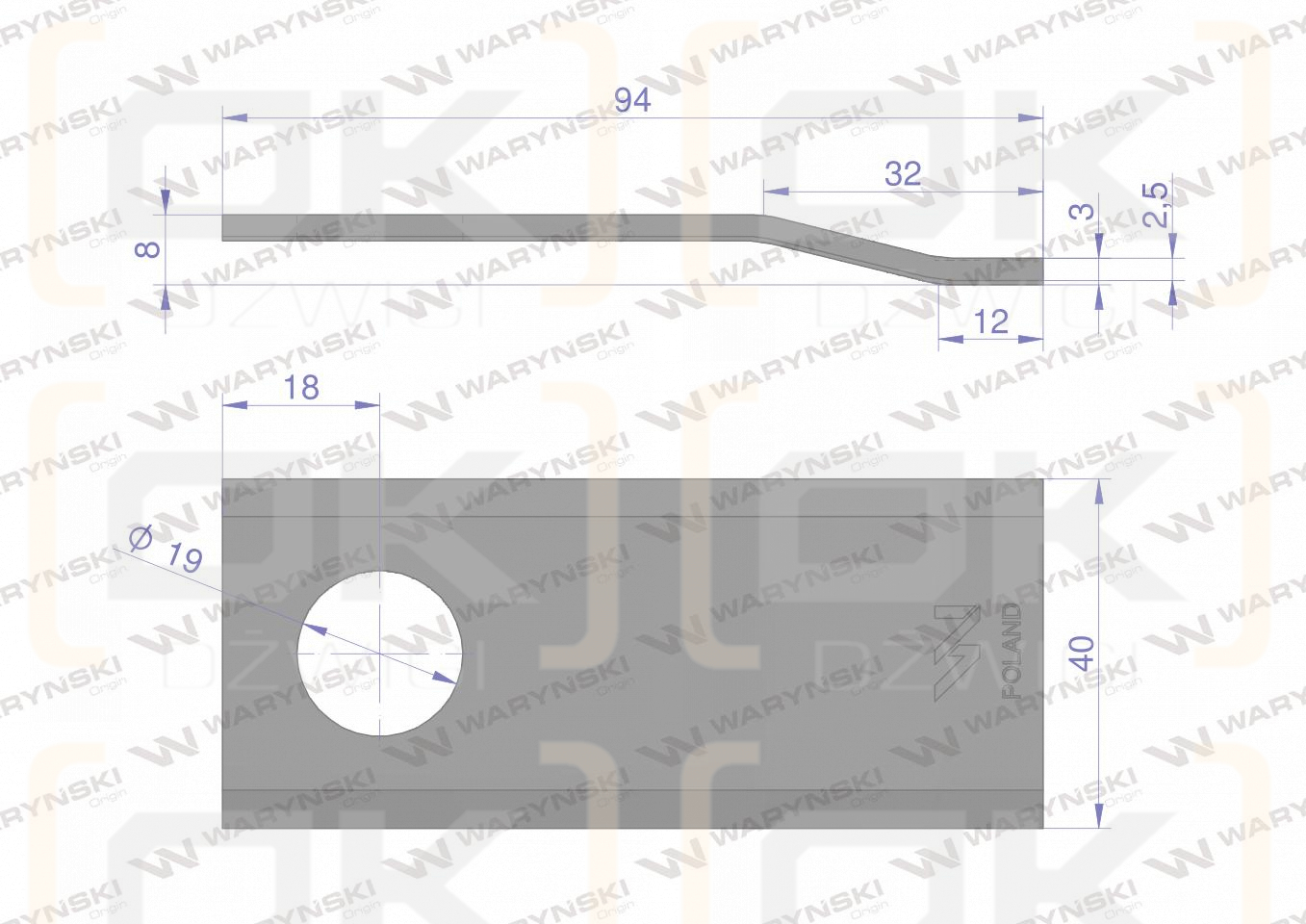 Nóż. nożyk kosiarka gięty 94X40X3mm otwór 19 zastosowanie Deutz Fahr 94/P 1101701015322 WARYŃSKI ( sprzedawane po 25 )
