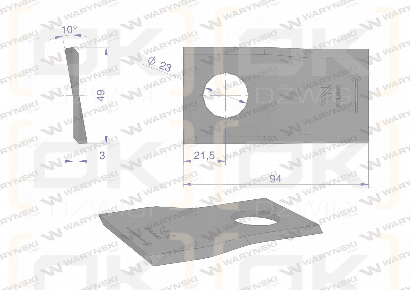 Nóż. nożyk kosiarka lewy 94x48x3mm otwór 19 zastosowanie 570409 Niemeyer Kverneland WARYŃSKI ( sprzedawane po 25 )