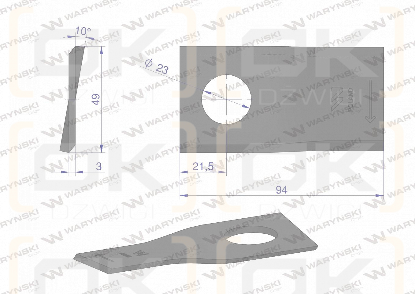 Nóż. nożyk kosiarka prawy 94x48x3mm otwór 23 zastosowanie T673R Mortl WARYŃSKI ( sprzedawane po 25 )