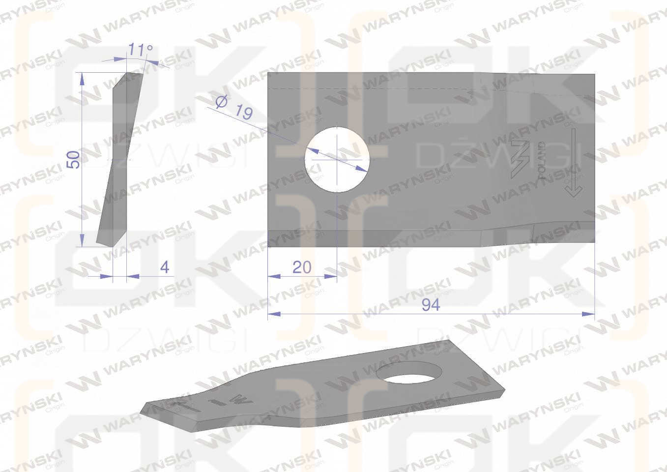 Nóż. nożyk kosiarka prawy 94x50x4mm otwór 19 zastosowanie 58031192 BCS WARYŃSKI ( sprzedawane po 25 )