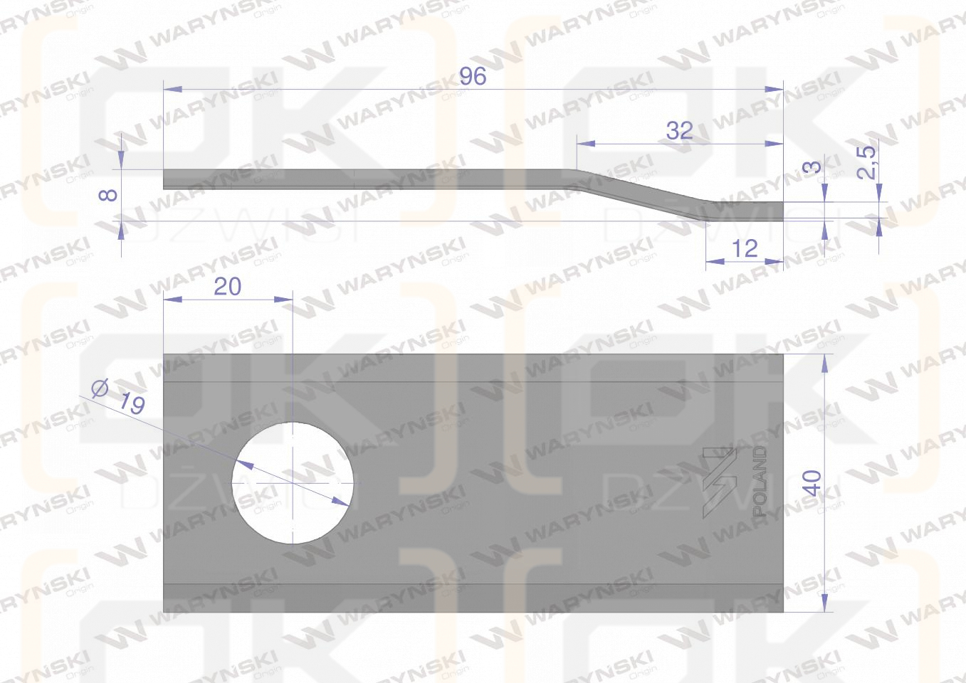 Nóż. nożyk kosiarka gięty 96X40X3mm otwór 19 zastosowanie 06561544 Deutz Fahr Kverneland WARYŃSKI ( sprzedawane po 25 )