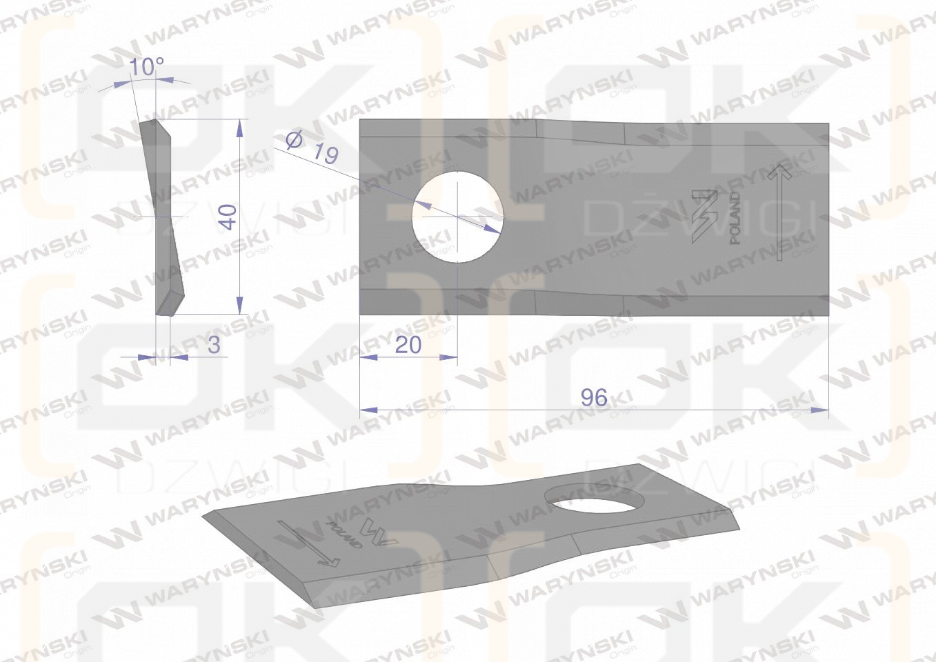 Nóż. nożyk kosiarka lewy 96x40x3mm otwór 19 zastosowanie 16502727 Deutz Fahr Kverneland WARYŃSKI ( sprzedawane po 25 )