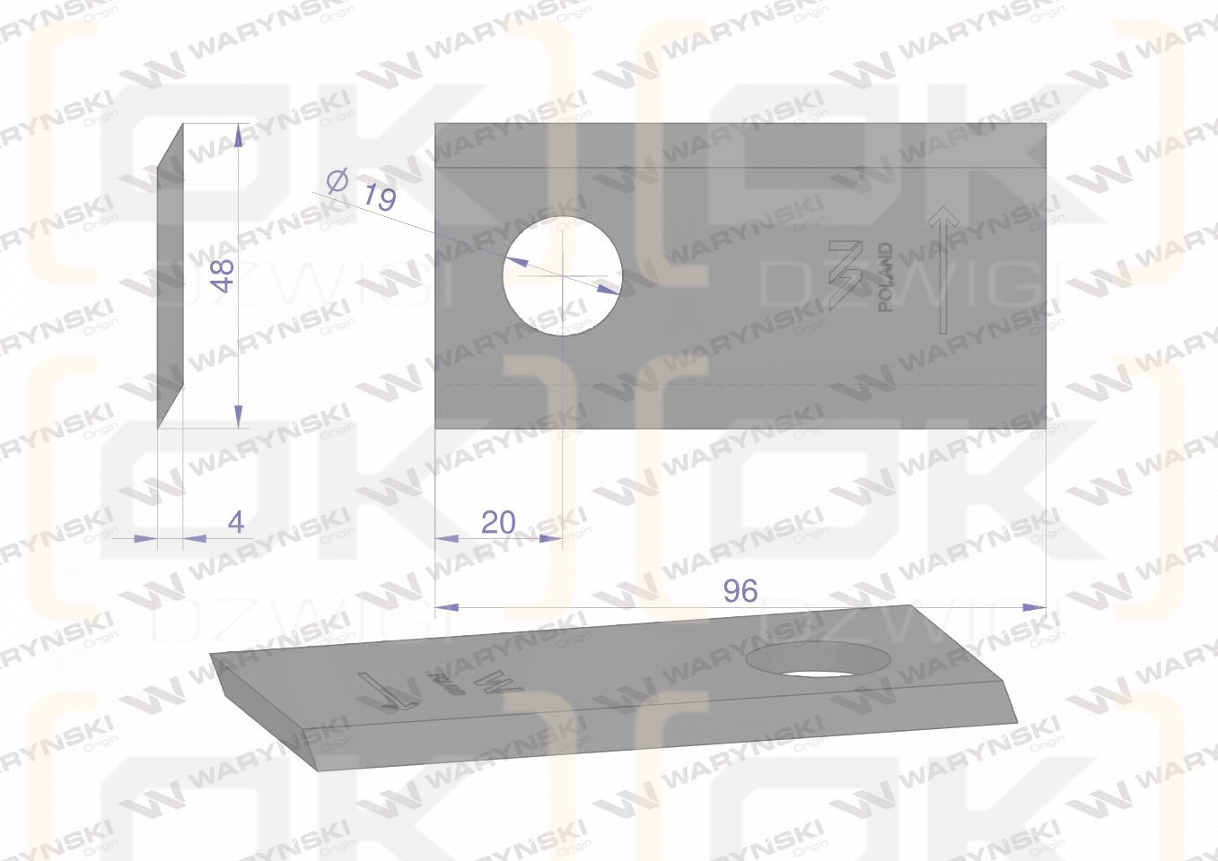 Nóż. nożyk kosiarka lewy 96X48x4mm otwór 19 zastosowanie 16503658 Deutz-Fahr WARYŃSKI ( sprzedawane po 25 )