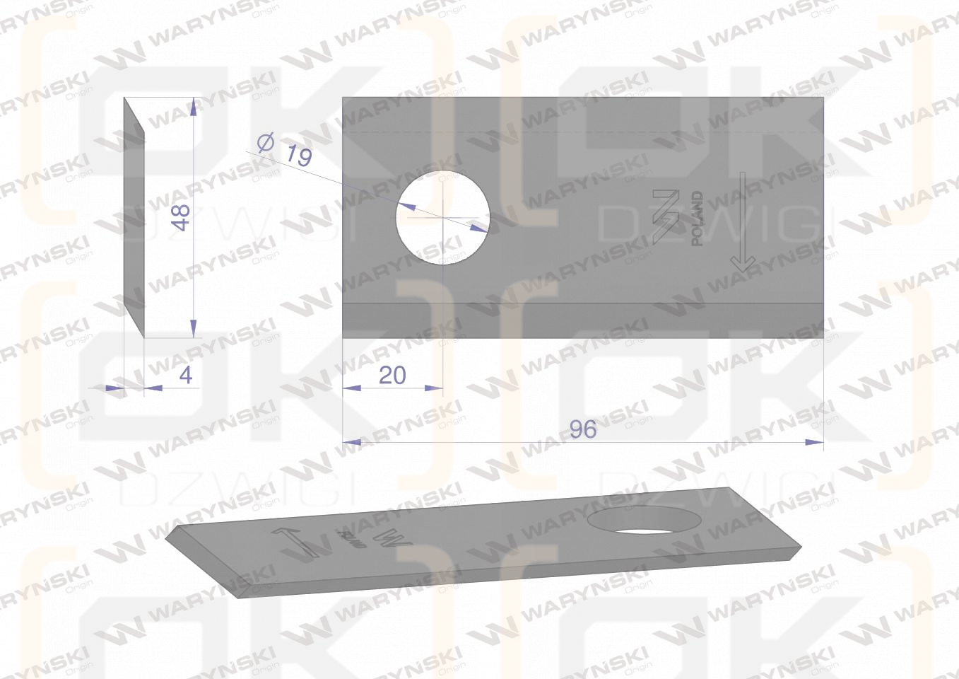 Nóż. nożyk kosiarka prawy 96X48X4mm otwór 19 zastosowanie 16503460 Deutz-Fahr WARYŃSKI ( sprzedawane po 25 )