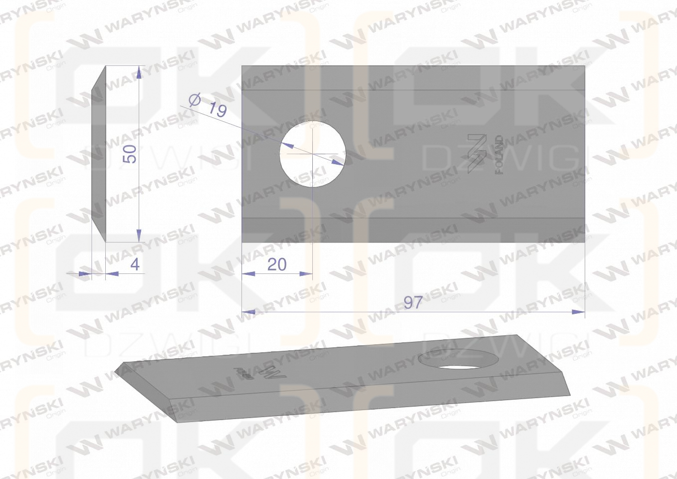 Nóż. nożyk kosiarka 97X50X4mm otwór 19 zastosowanie 1380-0025 JF-Stoll WARYŃSKI ( sprzedawane po 25 )