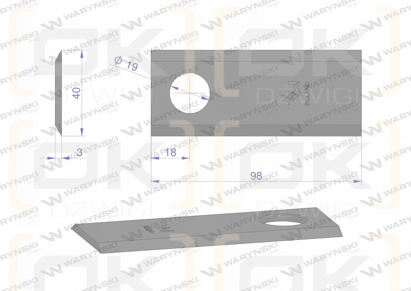 Nóż. nożyk kosiarka 98X40X3mm otwór 19 zastosowanie 98D Galfre WARYŃSKI ( sprzedawane po 25 )